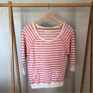 AERIE WHITE AND CORAL STRIPPED SWEATER. 3/4 LENGTH SLEEVES. POCKETS. SIZE MEDIUM